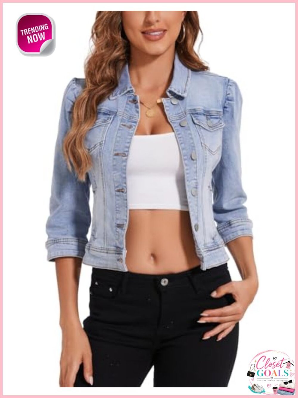 Womens Cropped Denim Jacket Stretchy 3/4 Puff Sleeve Distressed Pockets